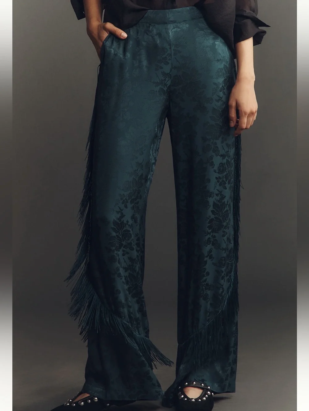 Anthropologie Patterned Fringe Trouser Pants New 12 Dark Green Teal Jacquard - Picture 3 of 16